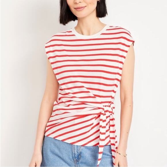 Old Navy White & Red Stripe EveryWear Side Tie Top - Picture 3 of 8